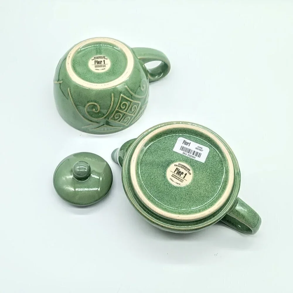 Pier 1 Sage Green Stoneware Stackable Teapot Cup For One NWT